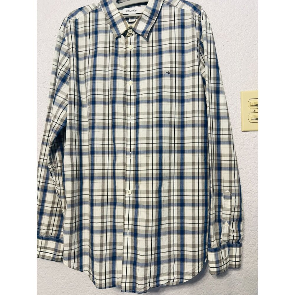 Calvin Klein Mens Lrg Slim Fit LS Shirt Cotton Plaid Blue Gray Non Iron